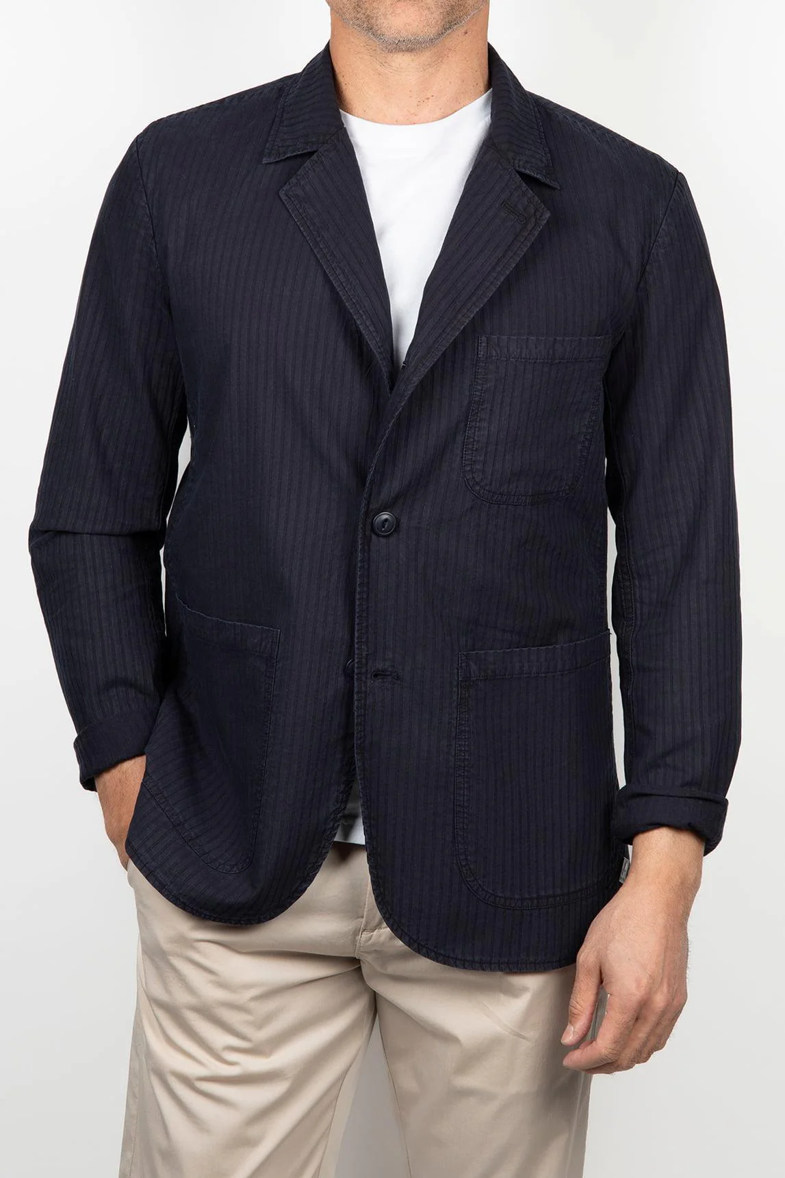 Navy blue textured striped blazer - Image 3